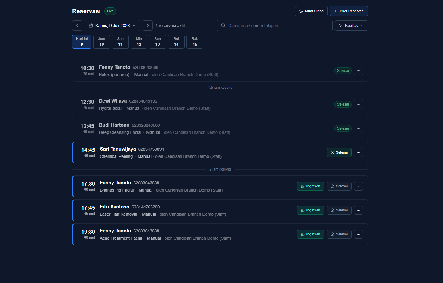 Dashboard reservasi Logik menampilkan daftar booking, layanan, dan jam hari ini
